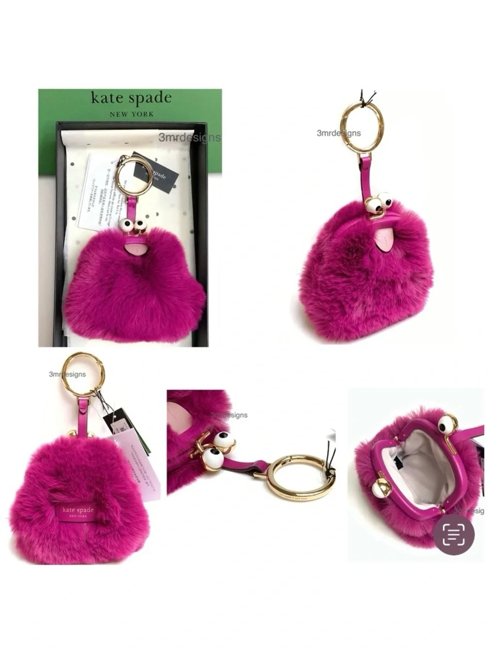NWT Kate Spade ♠️MONSTERS FIZZY Soft Faux Fur & Leather Trim Coin Purse/ Keychai